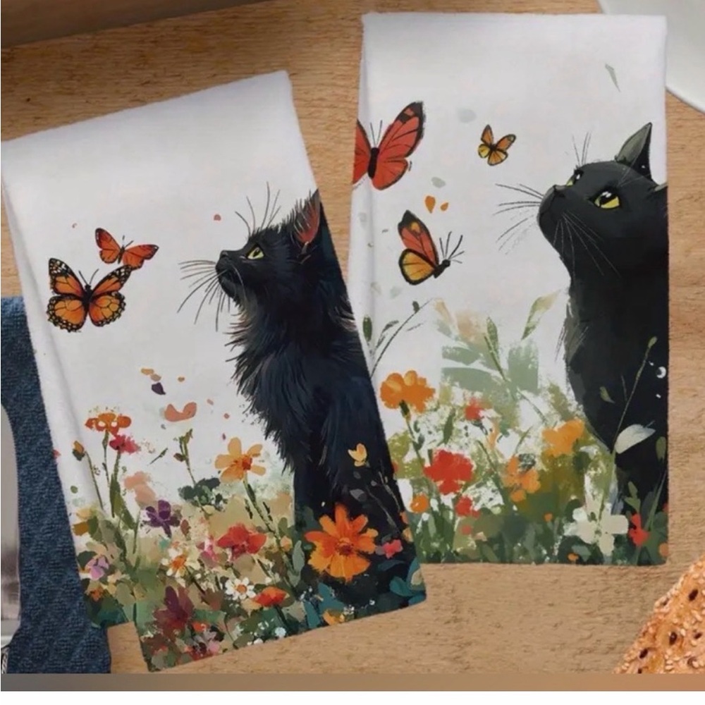 New 2pcs Black Cat Floral butterfly Print Kitchen & Bathroom Towel cottagecore